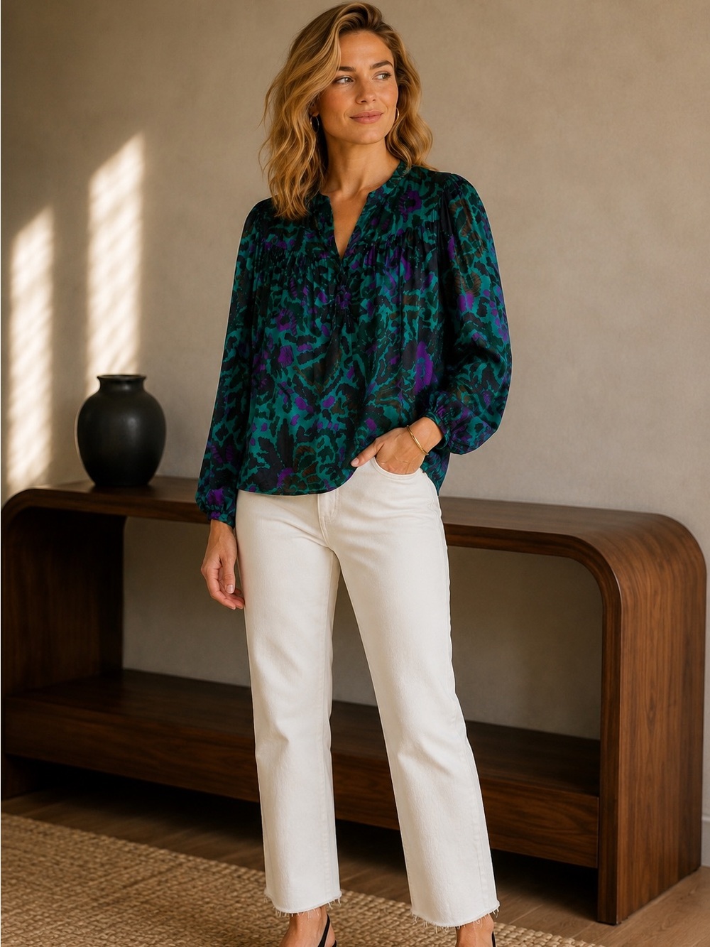 Velvet Graham Spencer Reeve Peasant Blouse Green Floral Small